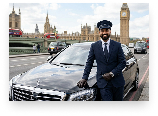 Professional chauffeur in suit beside luxury vehicle with Big Ben in background